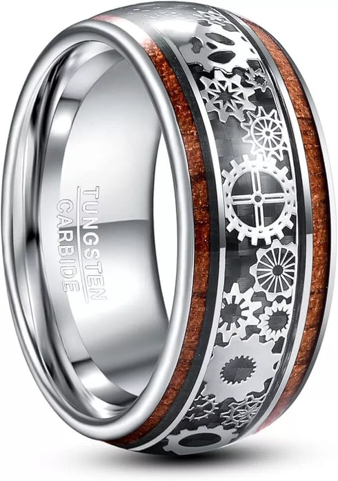 Men's 10mm Tungsten Clockwork Gears Koa Wood Inlay Engagement Wedding Band